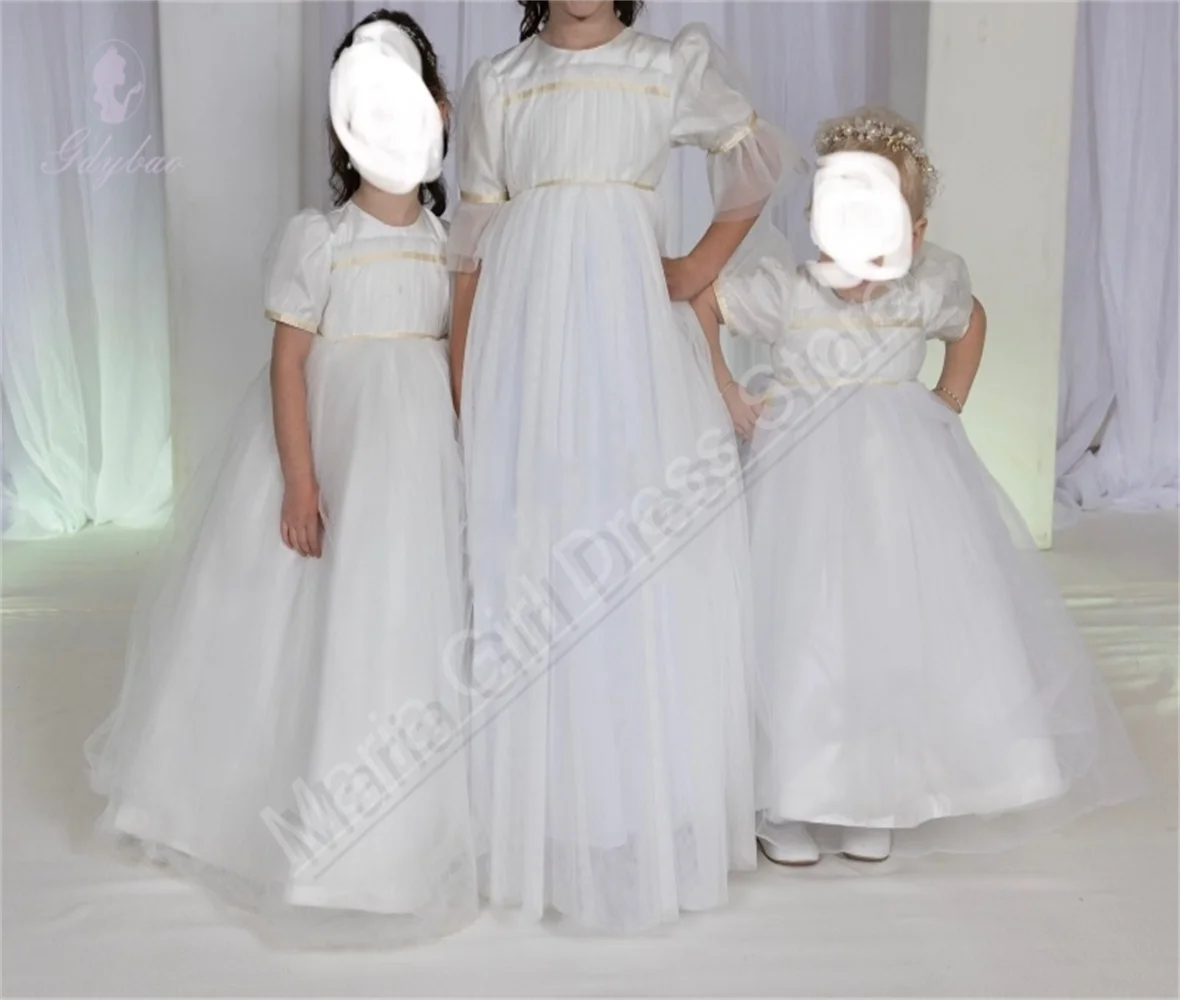 

Communion Dresses For Girls Mesh Round Neck Short Sleeves Wedding Flower Girl Dress Long Children's Birthday Photography