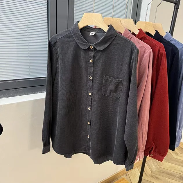 Women Red Navy Blue Pink Corduroy Shirts Blouses Autumn Winter Turn-down Collar Base Blouses Long Sleeve Button Up Tops