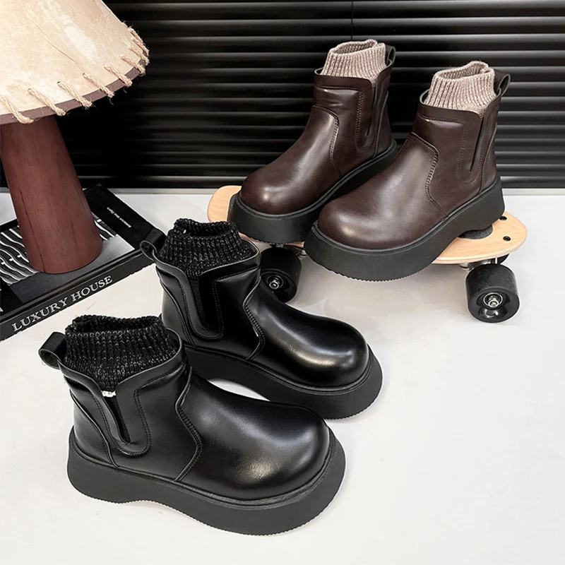 รองเท้าบูทหุ้มข้อขนสัตว์สำหรับผู้หญิง รองเท้าบูทหิมะแบบแบน รองเท้าฤดูหนาวที่อบอุ่น รองเท้าแฟชั่นสำหรับเดินเล่น รองเท้าหนัง รองเท้าบูทเชลซีขนสั้น