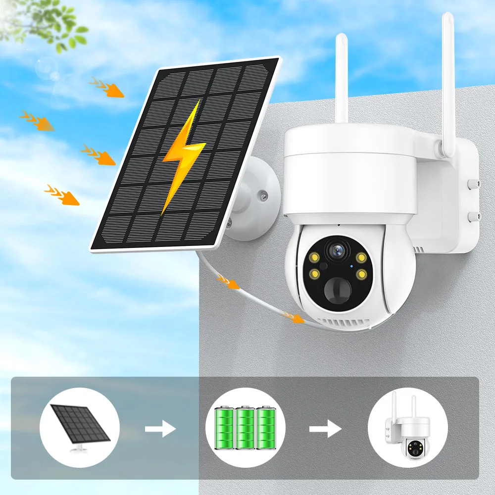 Outdoor Wireless Solar Built-in Battery Camera WiFi 4MP HD PTZ Camera 1080P Security Video Surveillance Camera Long Time Standby