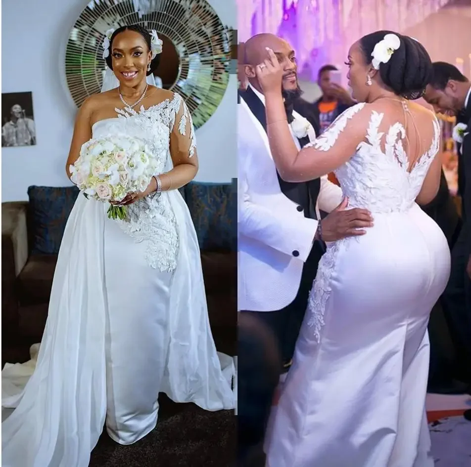 Customized African Satin Mermaid Wedding Dresses Detachable Train Appliques Lace Sheer One Shoulder Long Sleeve Plus Size Bridal