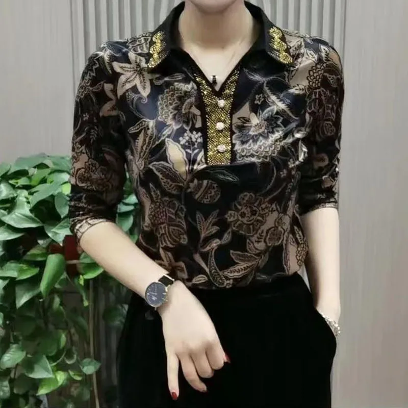 

Women's Turn-down Collar Vintage Printed Shirt Autumn Winter Clothing Long Sleeve Fashion Diamonds Spliced Blouse JJ113