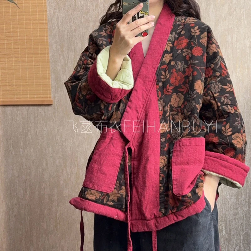 

2025 New Arrival Winter Women Casual Vintage Floral Print Bat Sleeved Parkas Warm Thickened Long Sleeves V-neck Cotton Coat F119