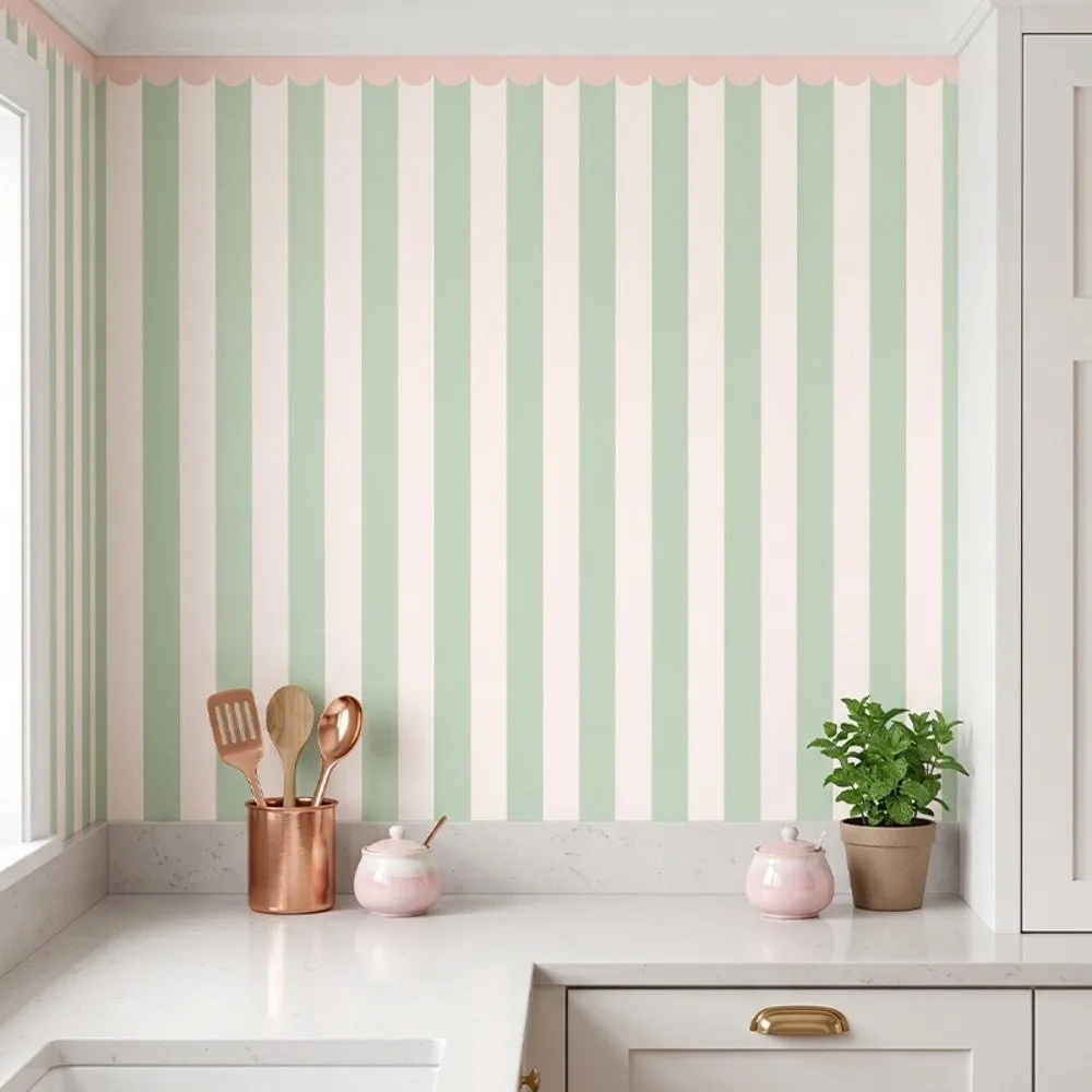 Self-Adhesive Half Wall Wallpaper Scalloped Border Waterproof Wall Stickers Striped Pattern Removable Wallpaper