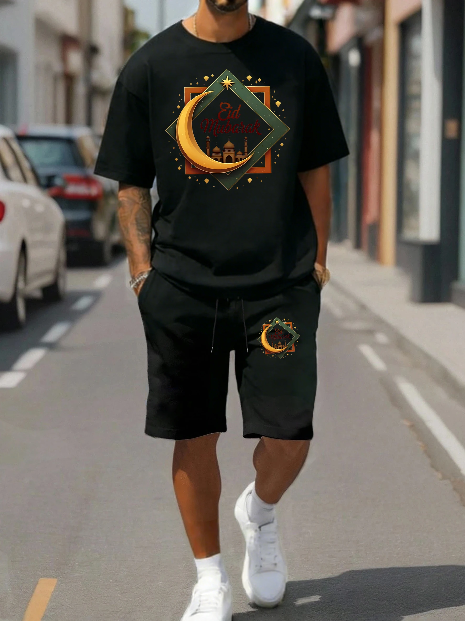 

Eid Mubarak Star Moon Design T Shirts Suit Man Cotton O-Neck Tee Casual Loose Drawstring Shorts Summer Men Short Sleeve Suit