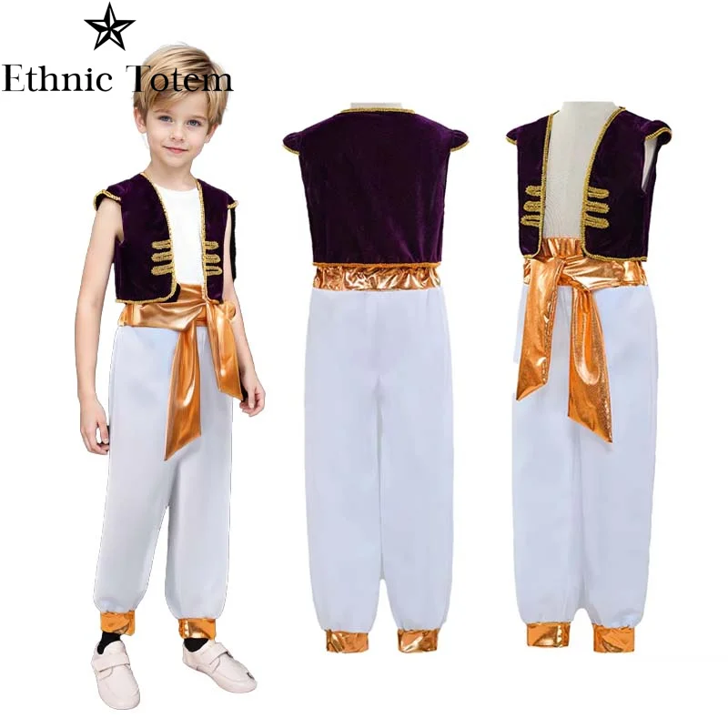 Costumes de Prince arabe pour garçons, costume de fête d'halloween, tenues de spectacle sur scène, gilet, pantalon, ceinture, vêtements de rue