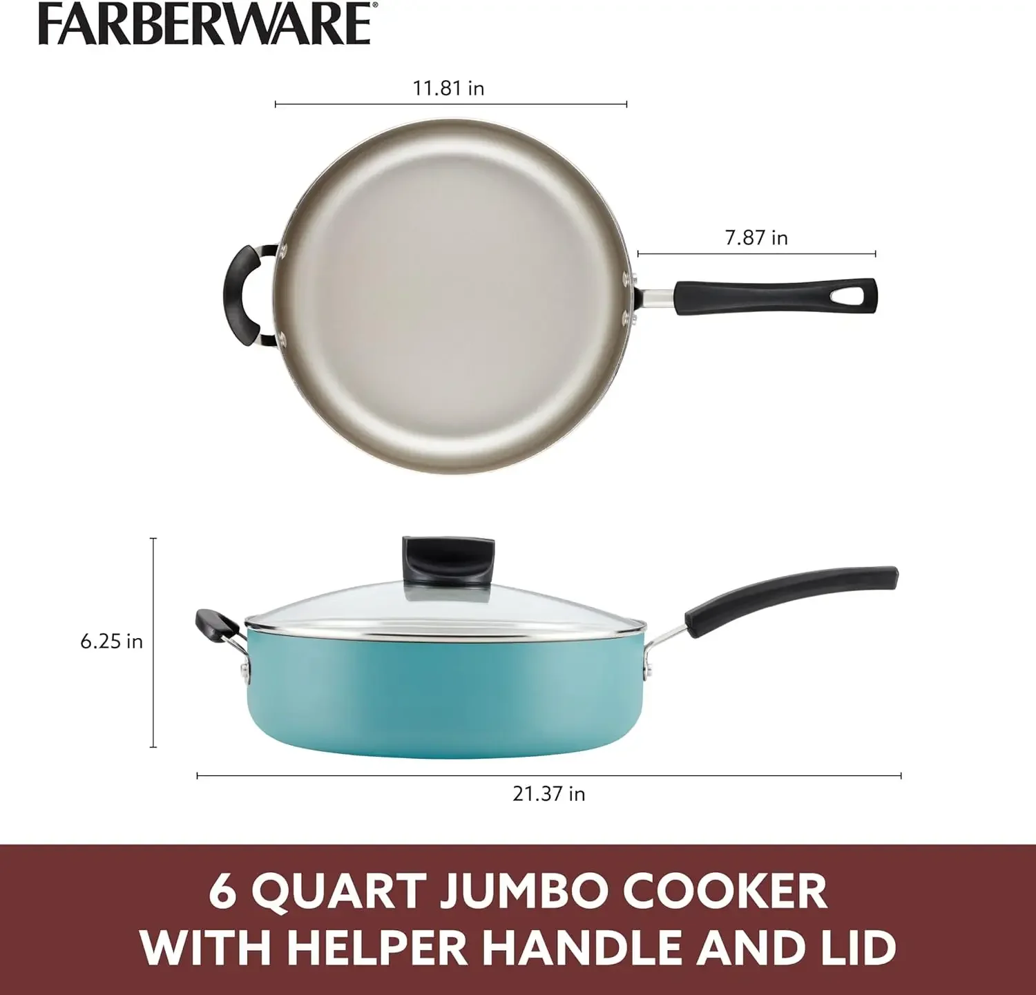 Farberware Smart Control Nonstick Jumbo Cooker/Saute Pan with Lid and Helper Handle, 6 Quart, Aqua