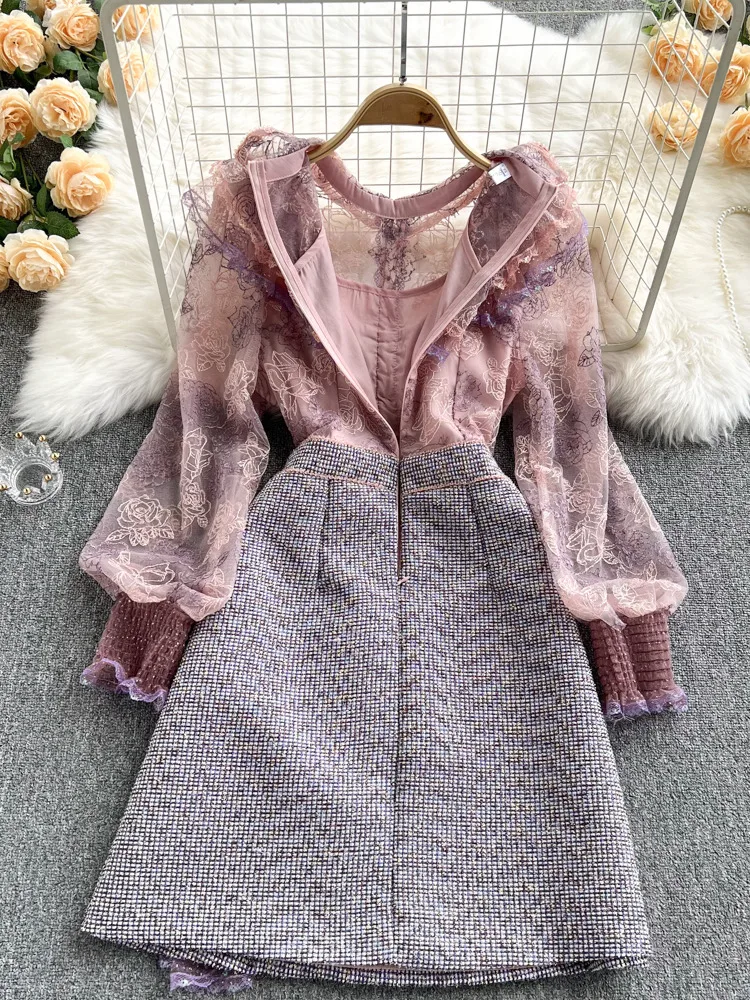 Autumn Sweet Pink Lace Mesh Embroidery Ruffles Patchwork Tweed dresses for Women elegant See Through Long Sleeve Party Vestidos