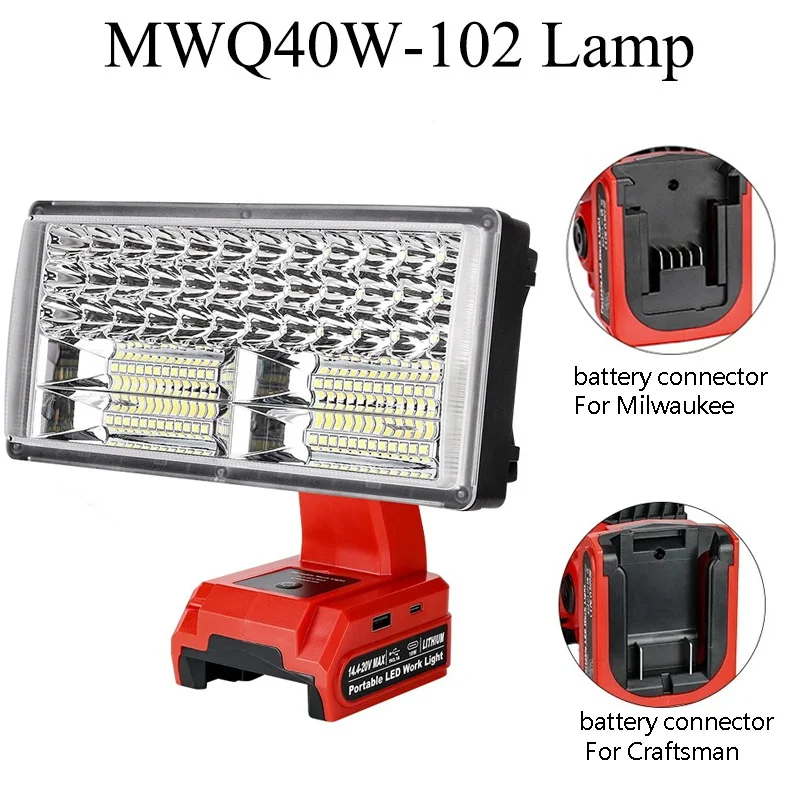 

For Makita/Milwaukee/Dewalt/Bosch/Black&Decker/Craftsman/Ryobi 18V/20V Battery 40W 4200lm bright worklight with 5V/2.1A USB Port