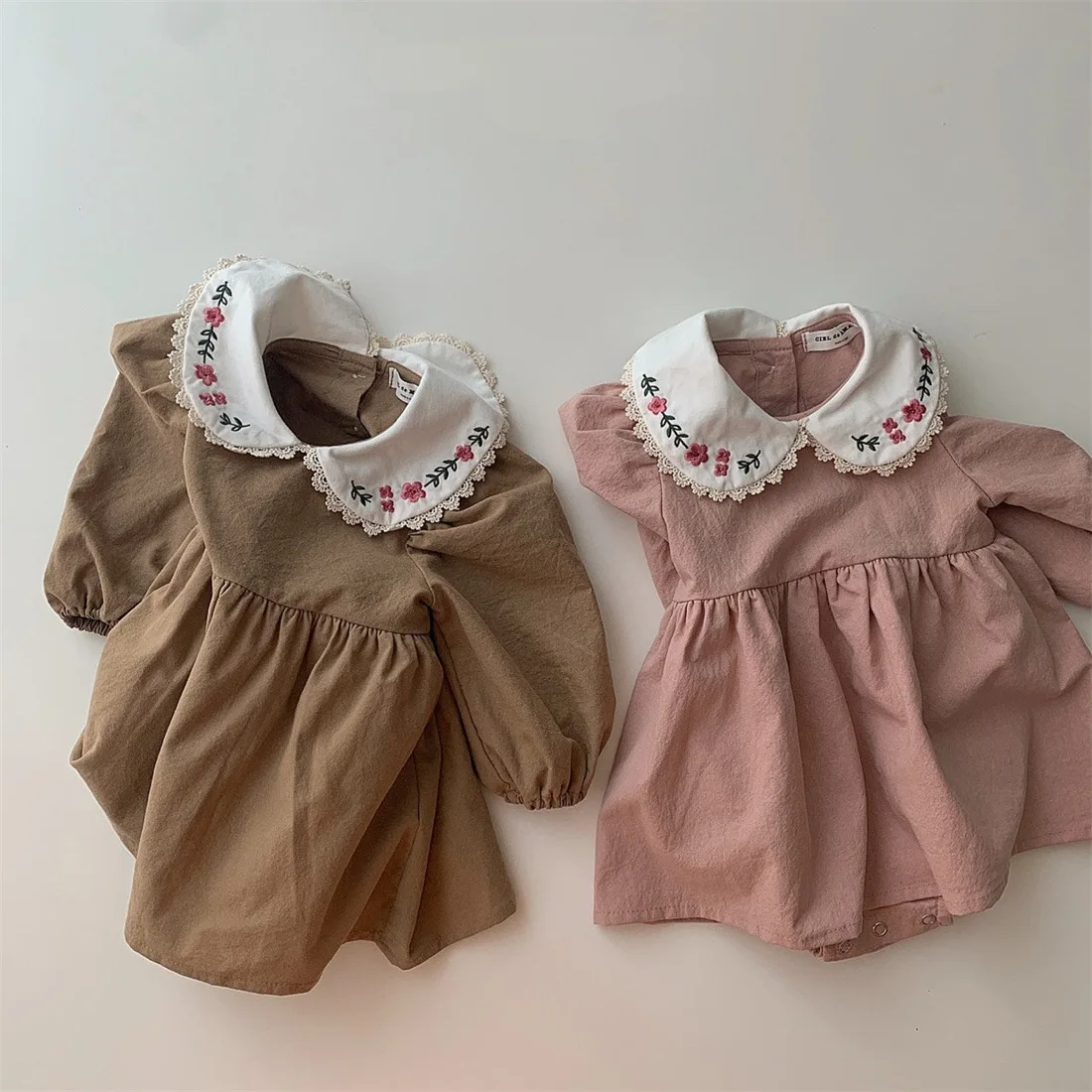 Baby Girls' Spring Autumn Long Sleeved Dress Children Doll Collar Embroidered Newborn Pure Cotton Casual Toddler Girl Clothes