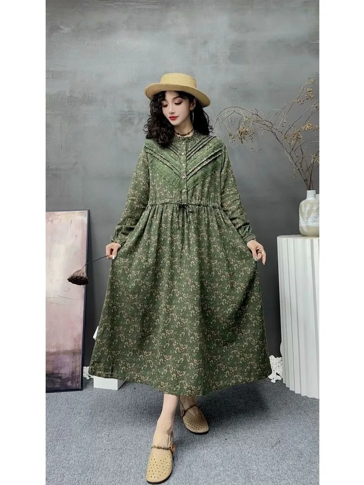 เสื้อผ้าฝ้ายลินินลายดอกไม้สไตล์เรโทรทรงหลวมเอวสูงทรงเอ ใส่สบาย เหมาะสำหรับการเดินทาง แขนยาว ทรงกลม ดีไซน์ทันสมัย