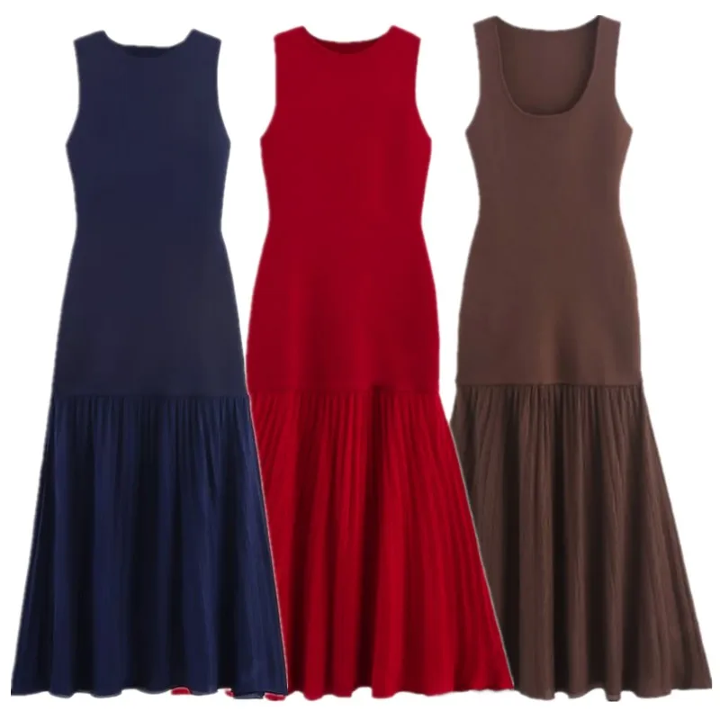 فستان نسائي جديد لخريف 2025 بتصميم عصري متعدد الاستخدامات مع ياقة مستديرة بدون أكمام من التريكو، أنيق وعصري بتنورة ذيل السمكة