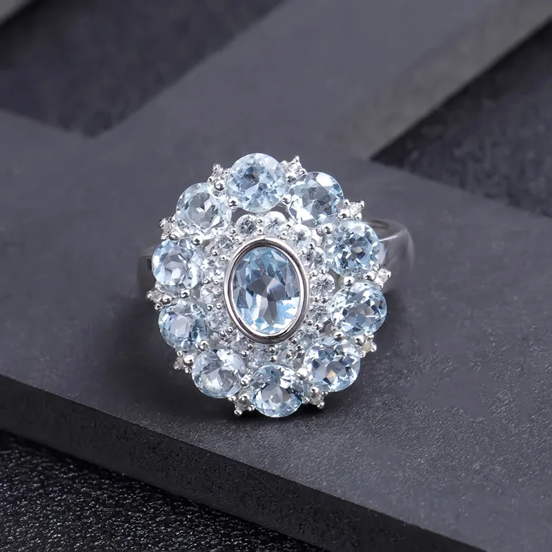 

S925 Silver Natural Topaz Ring, Floral Design Sky Blue Gemstone Statement Jewelry Gift for Women