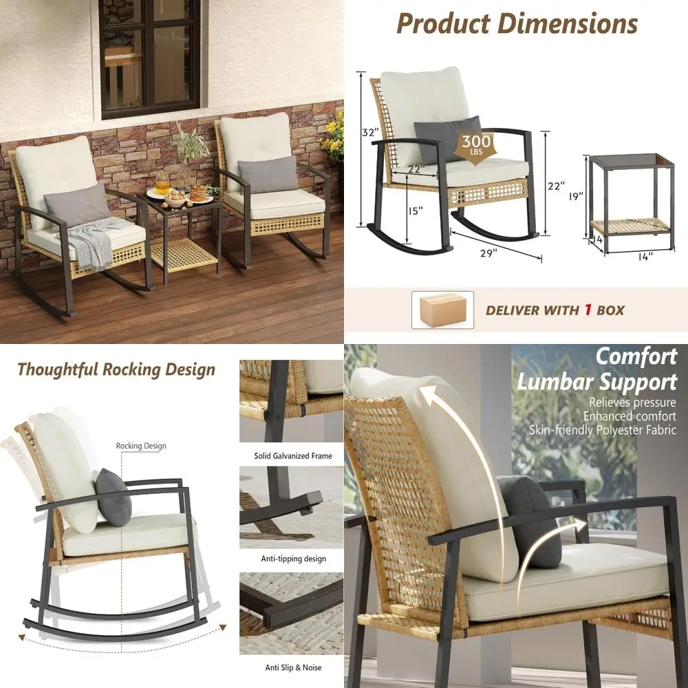 Juego de mecedoras de bistró para exteriores con 2 sillas, mesa de vidrio templado y almohadas lumbares para relajación en el patio