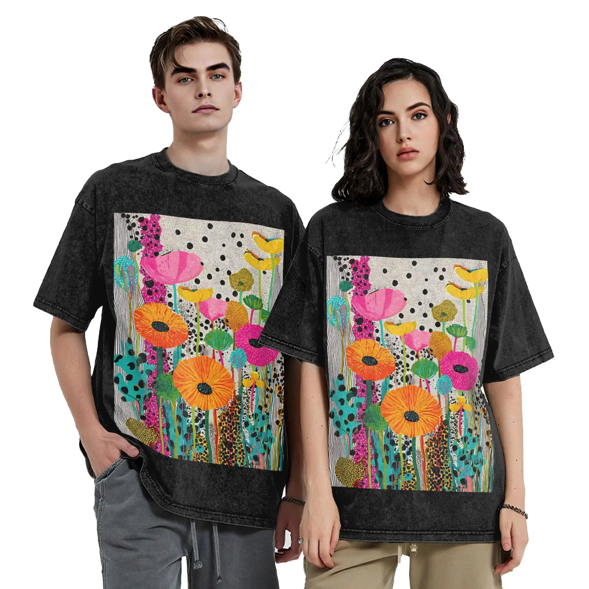 Yayoi Kusama Colorful Flowers Dots Washed T Shirt Streetwear Cool T-Shirt  Tees for Men Women 100% Cotton Oversize Graphic