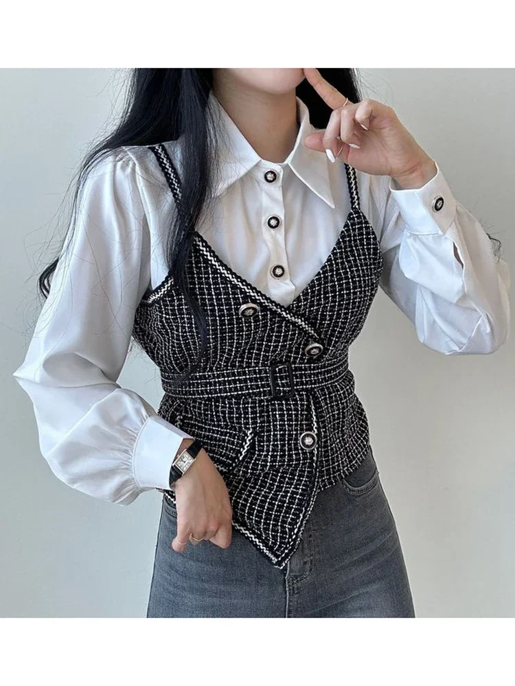 Women Spring Shirt Korean Minority Retro Lapel Splicing Fake Two-piece Lace-up Waist Contrast Long-sleeved Shirt Top D3172