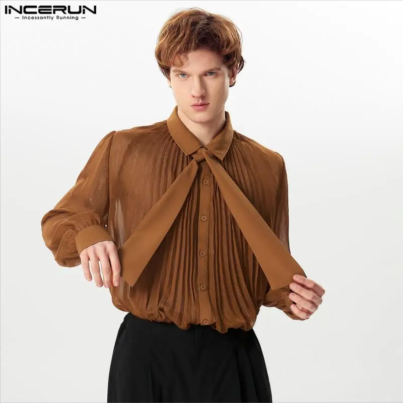 INCERUN 2024 Men Sexy Shirt Mesh See Through Lapel Long Sleeve Camisas Tie Pleated Solid Party Men Clothing Tops Streetwear