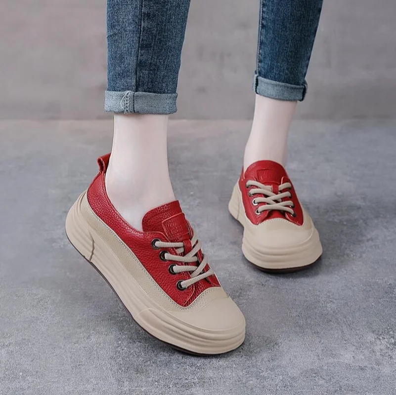 

Повседневная обувь на плоской подошве из натуральной кожи, женская весенняя новая обувь с круглым носком на шнуровке и мягкой подошвой для отдыха, вулканизированная обувь