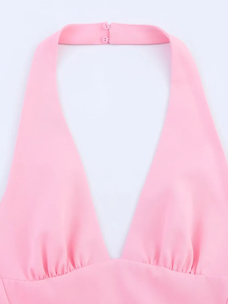Mulheres verão midi halter vestido 2025 moda doce sólido profundo decote em v feminino elegante vestidos de rua roupas