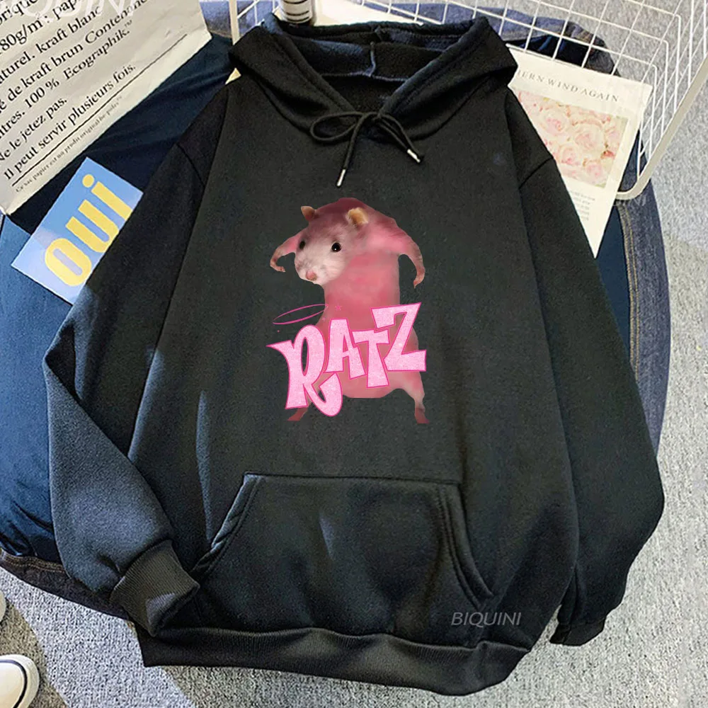 Ratz Pink Mouse Print Hoodies Kawaii Cartoon Hooded Sweatshirt Streetwear Mens Autumn/Winter Fleece Pullovers Pocket Male Hoody