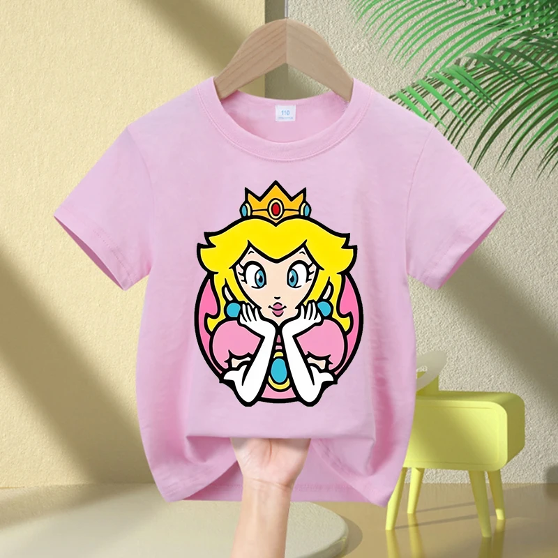 

Marios Bros Kids Cotton T Shirt Luigi Anime Boy Clothes Peach Daisy Princess Girl Short Sleeve Tees Cute Cartoon Toddler Tops
