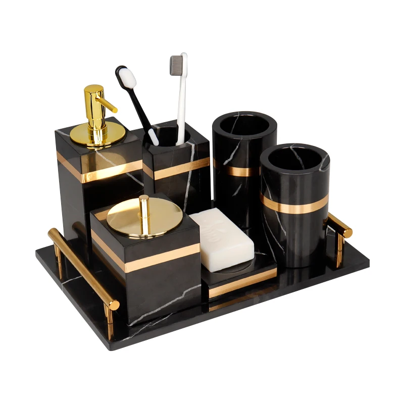 Nero Marquina Natural Marble Bathroom Set Golden Luxury Soap Dish Toothbrush Holder Soap Dispenser Bathroom Accessories