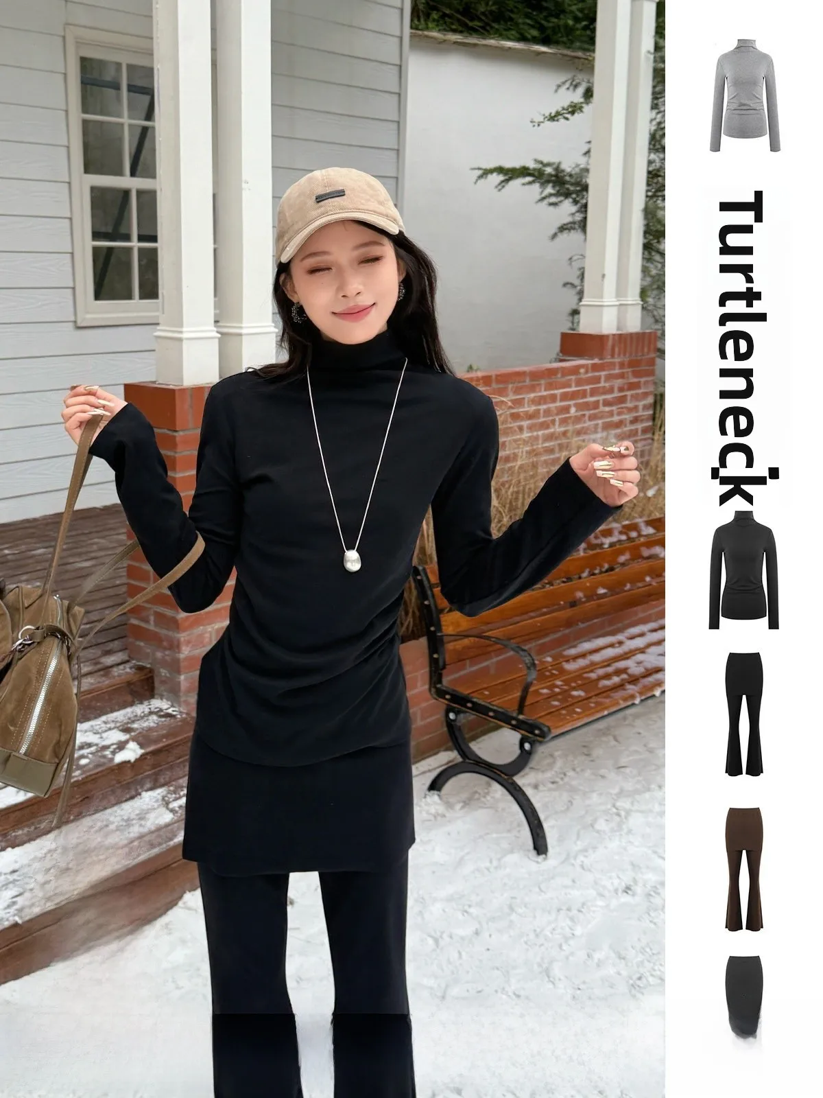 

Long Sleeve Fleece-Lined Halter Neck Dress Pants Casual Style Women's T-Shirt Autumn Winter Collection Cloud Soft