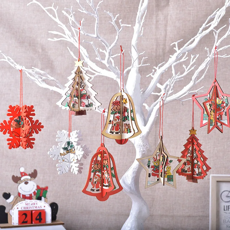 

Christmas Tree Decorative Pendant Hollow Laser Wooden Three-dimensional Bell Snowflake Christmas Decorations Hanging Decorations