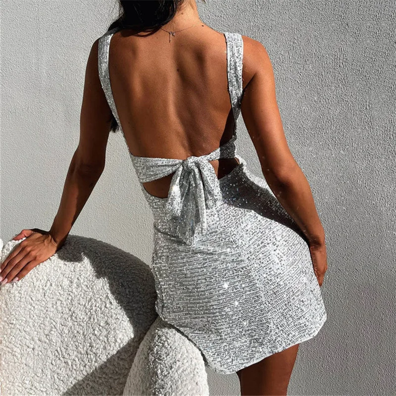 

Backless Hollow Out Bows Sequins Shiny Chic Women Sexy Tie Lace Up Mini Dresses Summer Evening Gown Bodycon Spicy Party Straps