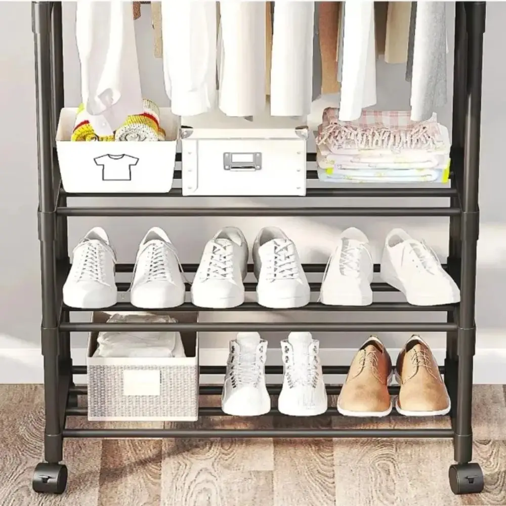 Coat Rack Movable Double Clothes Shelf Simple Rod Clothes Floor-Standing Bedroom Telescopic Floor Hangers Storage Coat Rack