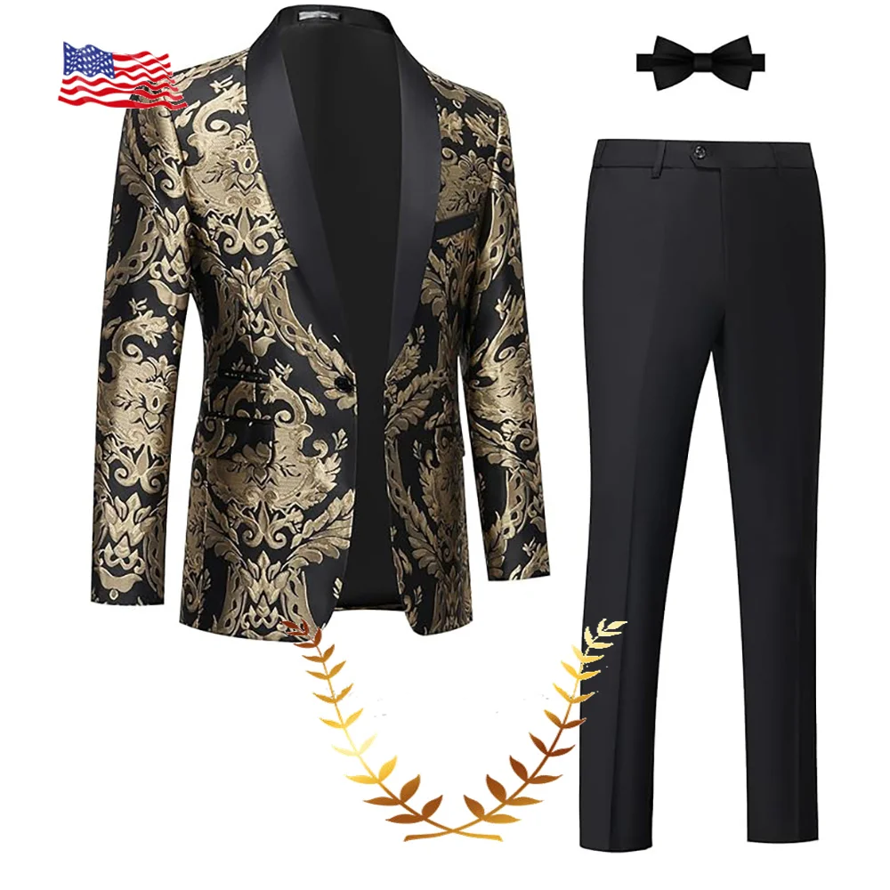 

Gold Embroidered Men's Suit 2 Piece Set High Quality Formal Jacket Pants Wedding Tuxedo Elegant Men's Blazer