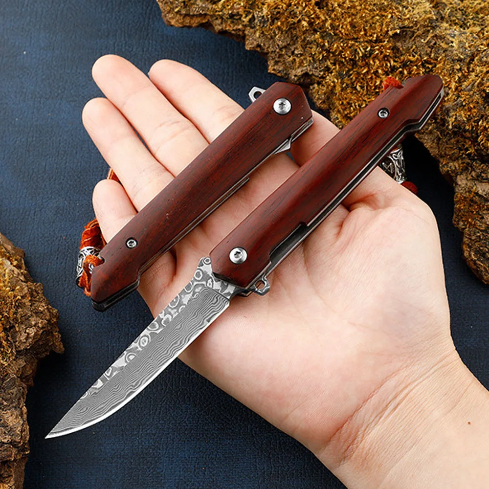 Imagem -02 - Facas de Bolso Damasco e Facas Dobráveis Edc Lightpeso Caça Survival Knife Sandalwood Handle Outdoor Tactical Camping Knife