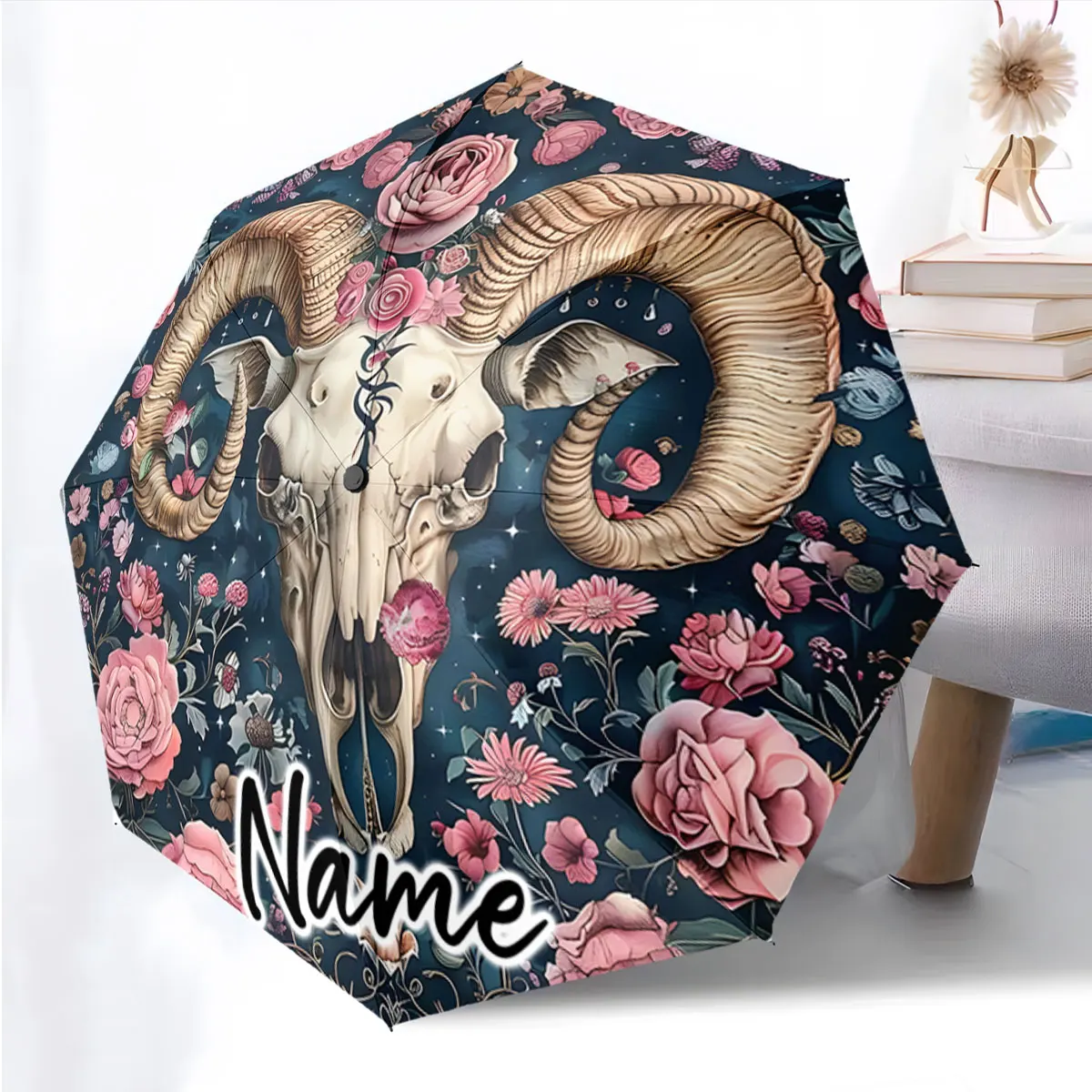 Custom Name Umbrella Floral Skull Umbrella Design Print 8 Iron Ribs Folding Umbrella Auto-Open Fashion Sunshade
