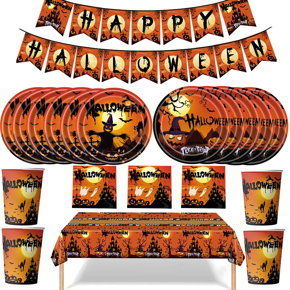 【セール中】ハロウィーンをテーマにした使い捨て食器,カボチャ,魔女,幽霊のパターン,プレート,ナプキン,カップ,装飾用品