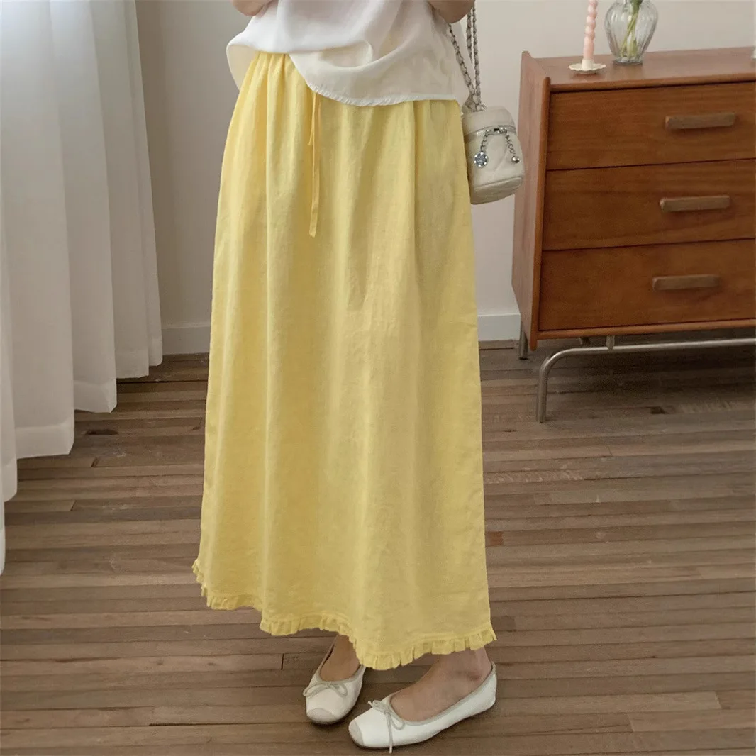

High Waist Drawstring Cotton Linen Half Body Skirt Women's Summer New Style Slimming Long Skirt with Back Split Casual