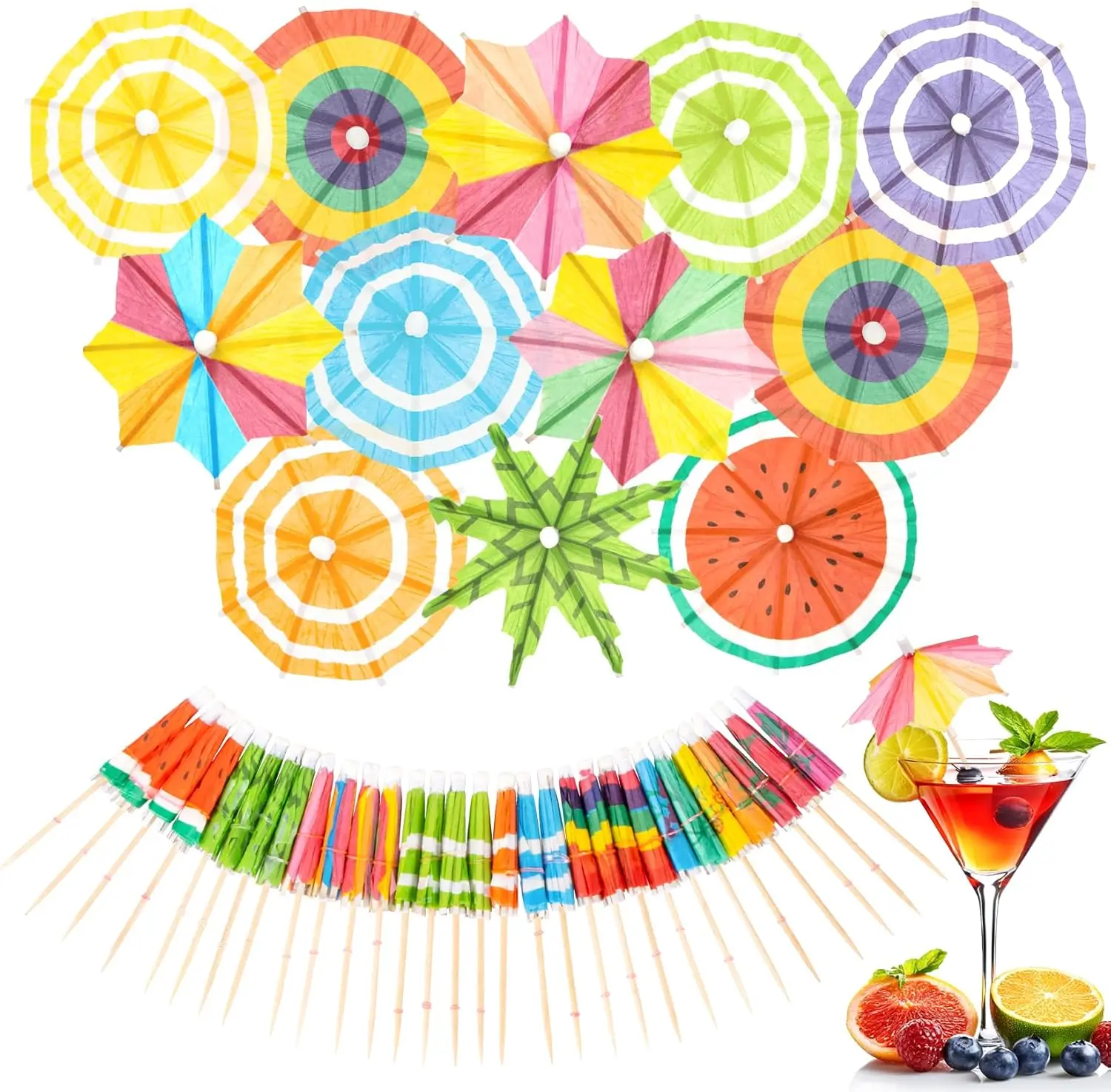 

Bulk Pack Drink Cocktail Fruit Picks Assorted Styles Umbrellas for Drinks Paper Mini Umbrella for Summer Hawaiian Cupcake Topper