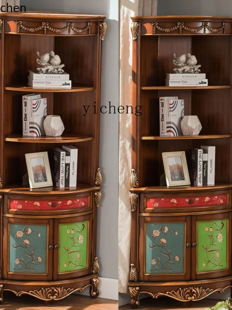 ZMLRetro European Style Living Room ARC Triangle Cabinet Mediterranean Corner Fan TV Cupboard