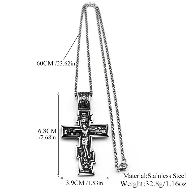 Östliche Orthodoxe Kreuz Jesus Anhänger Halskette Für Frauen Männer Edelstahl Silber Farbe Dark Punk Männliche Kette Schmuck Geschenke – Detail 3