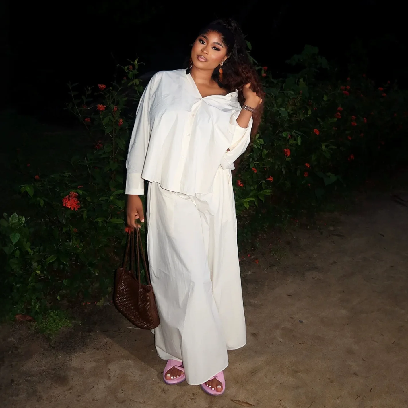 Chic Autumn Sweet Trousers Sets Women Blouses Top Fresh Lapel Bat Sleeve Shirt High Waist Wide Leg Pants Two-piece Set Y2K