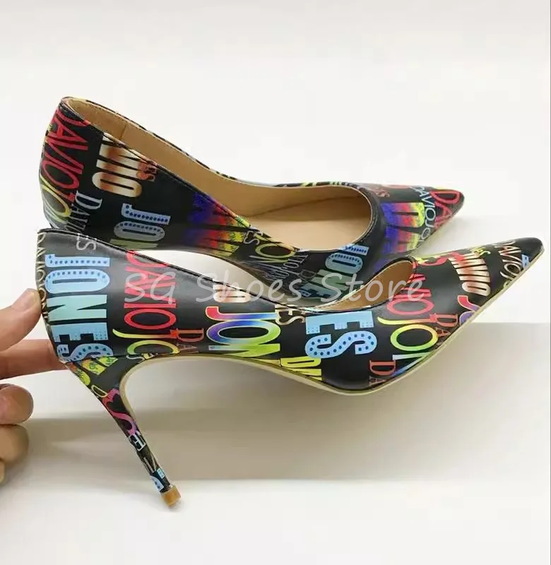 

Letter Graffiti Prints Pointed Toe Thin Heel Women Pumps Fashion Catwalk Mixed Color Hight Heels Ladies Party Dress Shoes