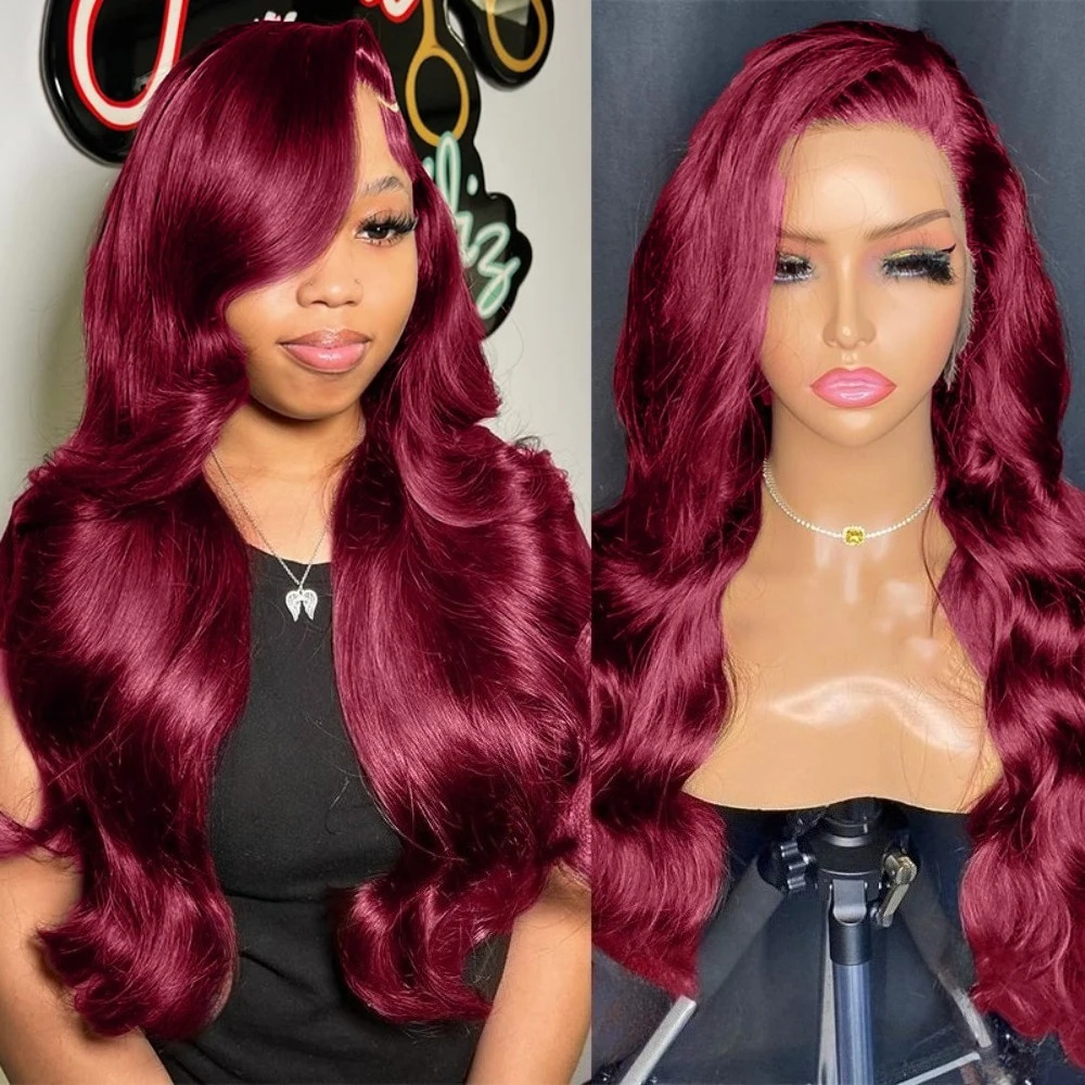 

Цветные парики 99j бордового цвета, 220% плотность, волнистые, с HD-кружевной основой 13x6, 100% натуральные человеческие волосы, 30-40 дюймов, парики с кружевной основой 13x4 для женщин.