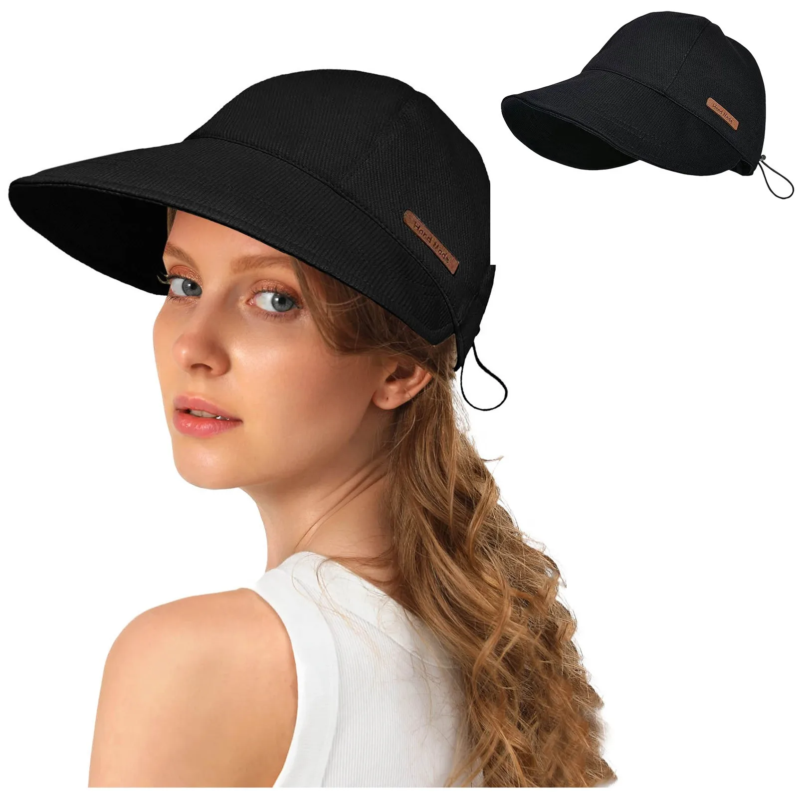 Women‘s Fashion Foldable Wide Brim Sun Hat Summer Solid Adjustable Caps Drawstring Beach Hats Quick-Drying Visors Fisherman Cap