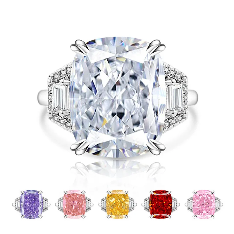 925 Sterling Silver Luxury Fashion Ice Flower Cut Large Square Crystal Zircon Ring Birthday Anniversary Wedding Party Gift