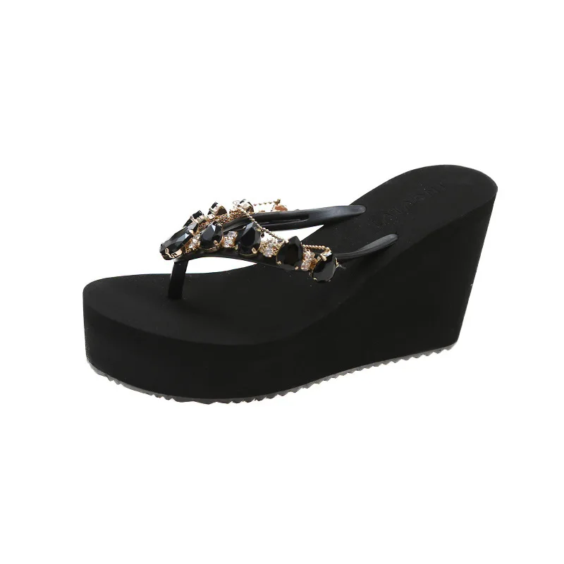 Summer New High-heeled Flip-flops Women's Rhinestone Wedge Wedge Toe Drag Elegant Fashion Beach Sandals and Slippers flip flops