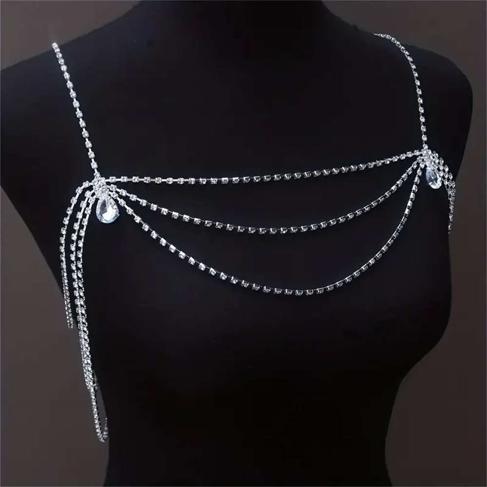 Elegant Fashionable Tassel Wire Strap Rhinestone Body Shoulder Chain Nightclub Ball Crystal Body Shoulder Chain  Jewelry