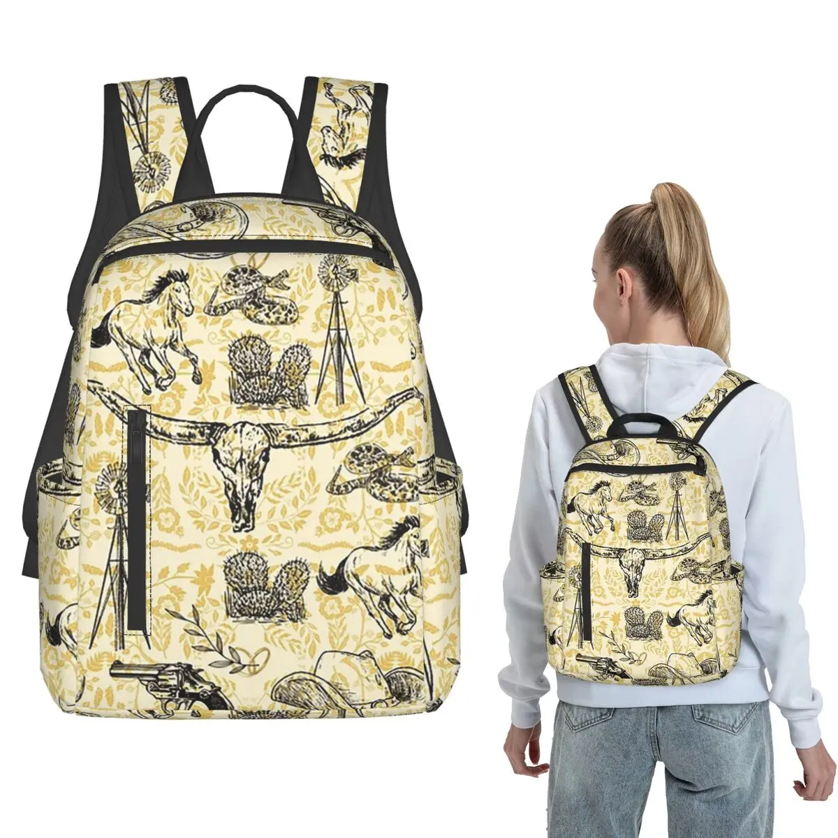 Vintage Western Cowboy Desert Sketch Backpack Large Capacity Children BookBag School Bag Shoulder Bags for Men Women