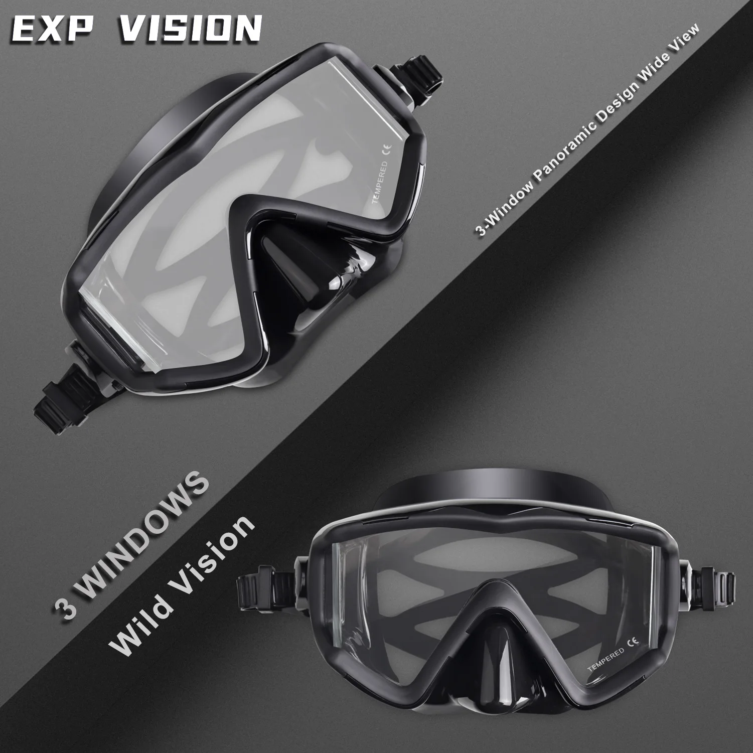 EXP VISION 3 Windows Wide View Scuba Diving Mask for Snorkeling and Diving, Adult Snorkeling Mask Swim Goggles for Men and Women