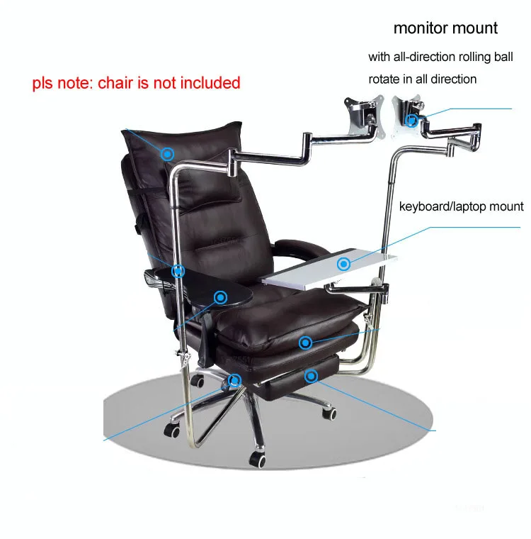 Full Motion OK990 around Chair Shaft double Monitor Mount + Keyboard Holder + Arm Clamp Elbow Wrist rack Mouse Pad Game Office