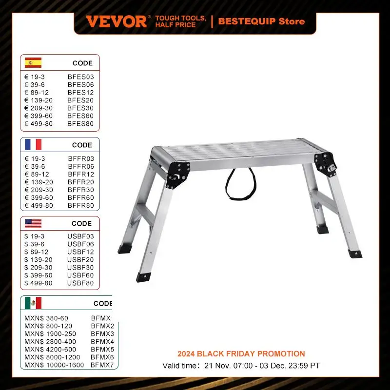 VEVOR Folding Work Platform 330 lbs Load Capacity Aluminum Drywall Stool Ladder Heavy Duty Work Bench w/ Non-Slip Feet 