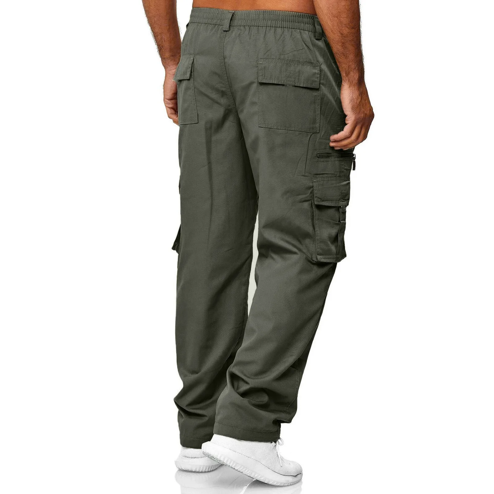 Men Loose Pockets Stitching Overalls Pants Summer New Cargo Pants Men'S Vintage Drawstring Mid-Waist Straight-Leg Pants Trousers